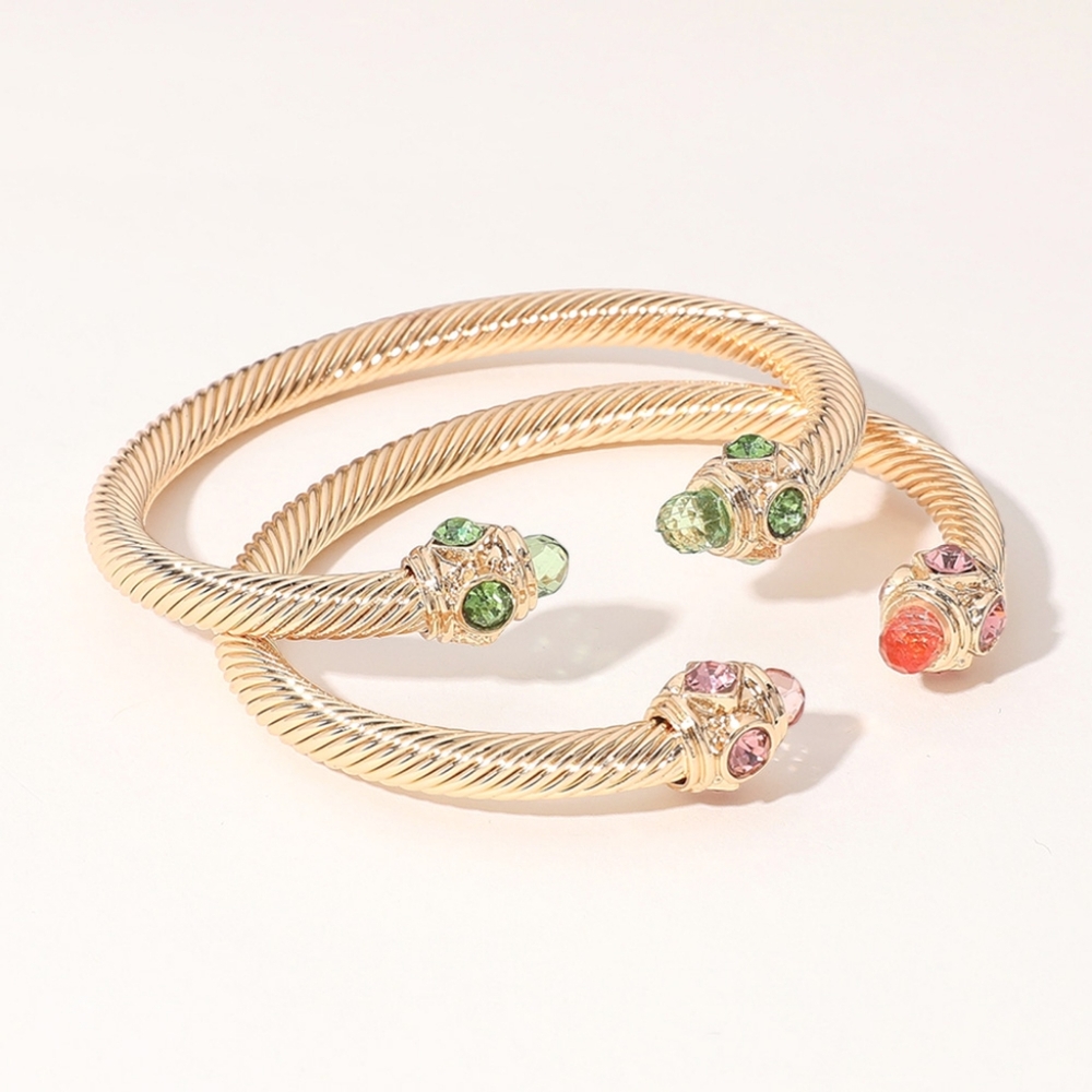 Gold 2 Piece Stone Tip Twist Rope Cable Cuff Bracelet Bangle Textured Metal